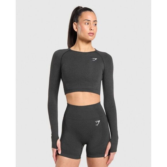 Gymshark Womens Dark Gray VITAL SEAMLESS 2.0 CROP TOP Long Sleeve Small - Picture 1 of 2